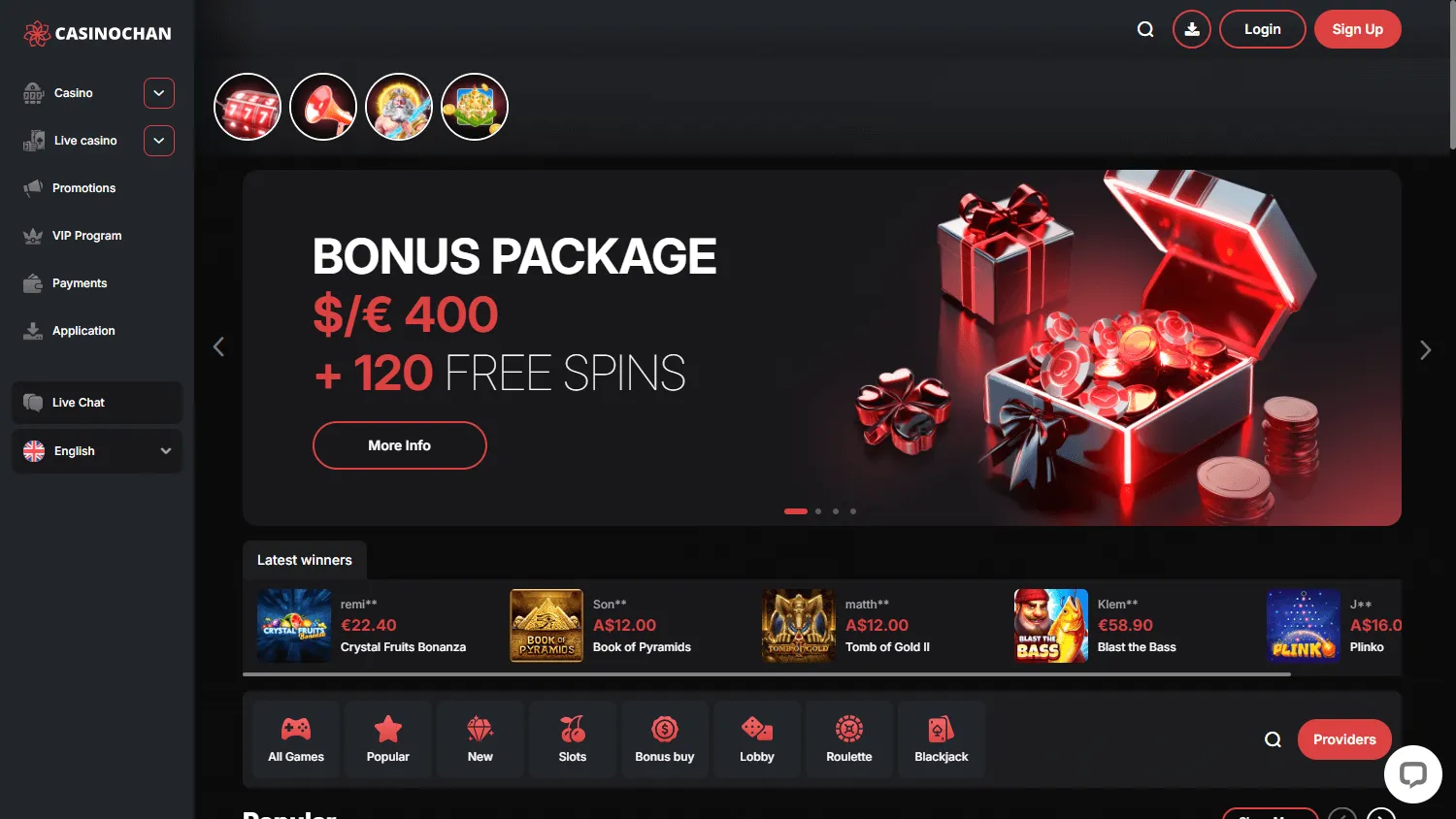 Casinochan desktop casino homepage