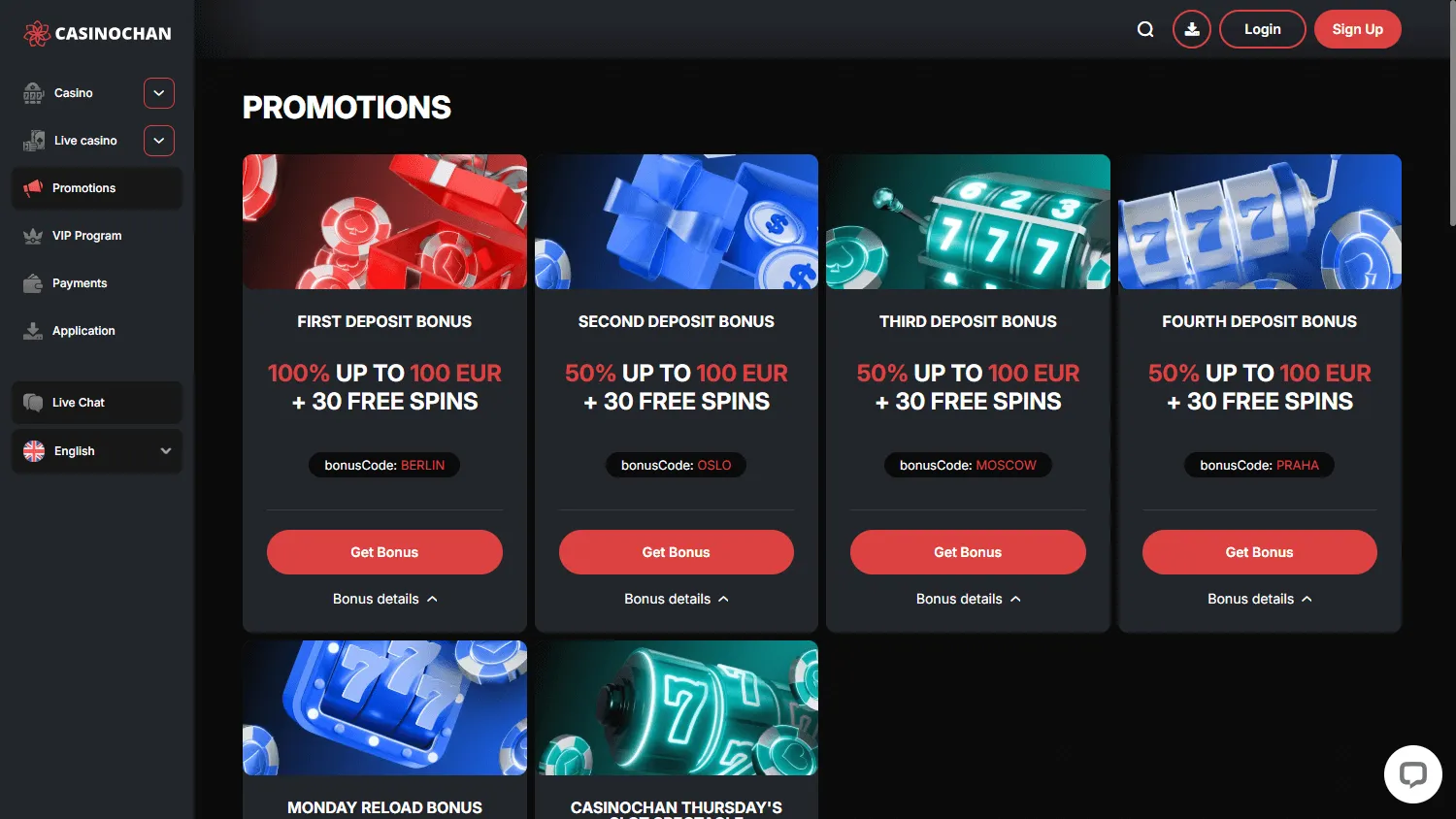 Casinochan desktop promotions area